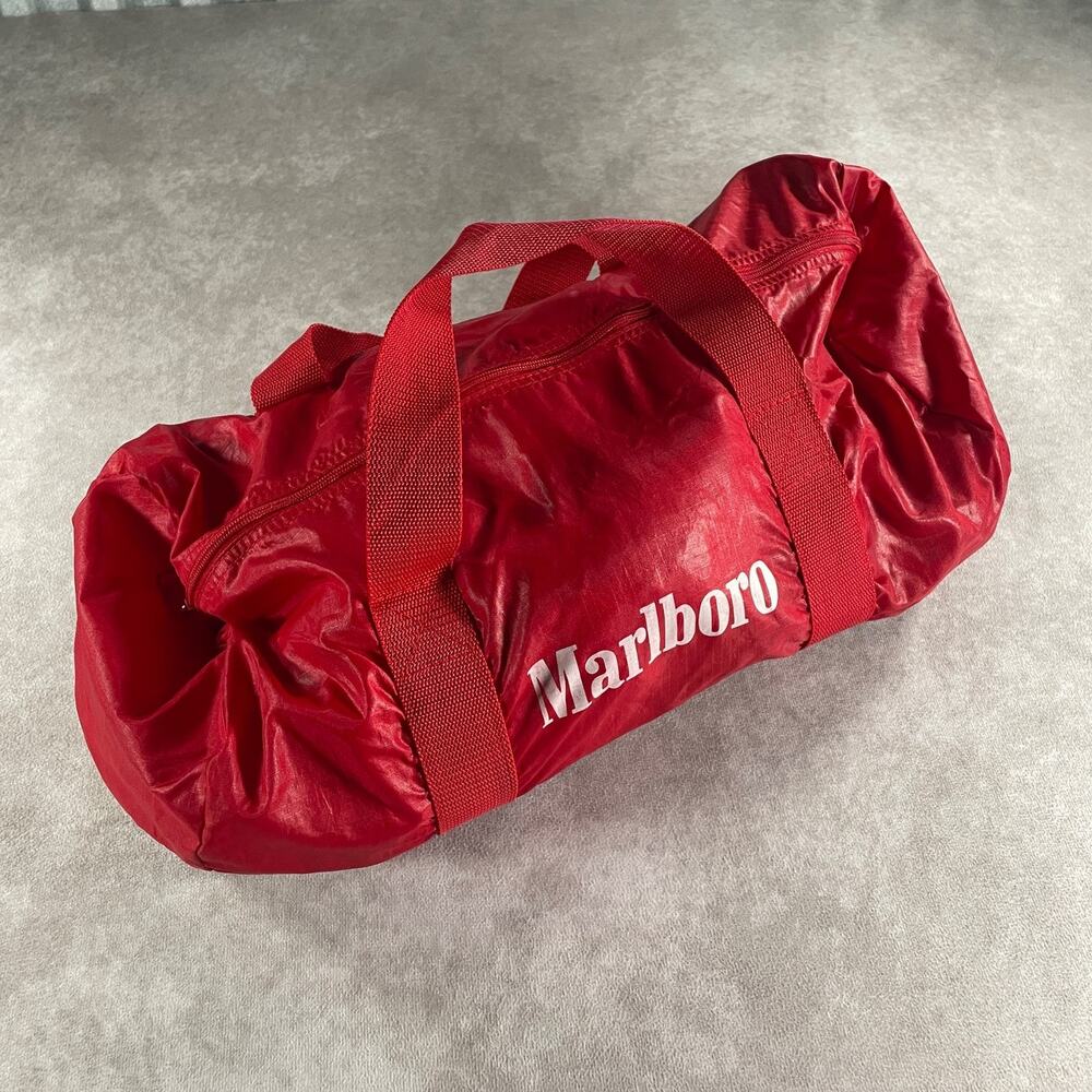 Vintage 90's Marlboro Duffle Bag Red Nylon Cylindrical Gym Bag Promo Advertising